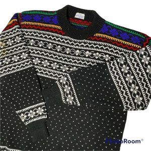 Vintage Himalayan Knitters Sweater Black Rainbow Multi Color Wool WARM FUZZY 90s